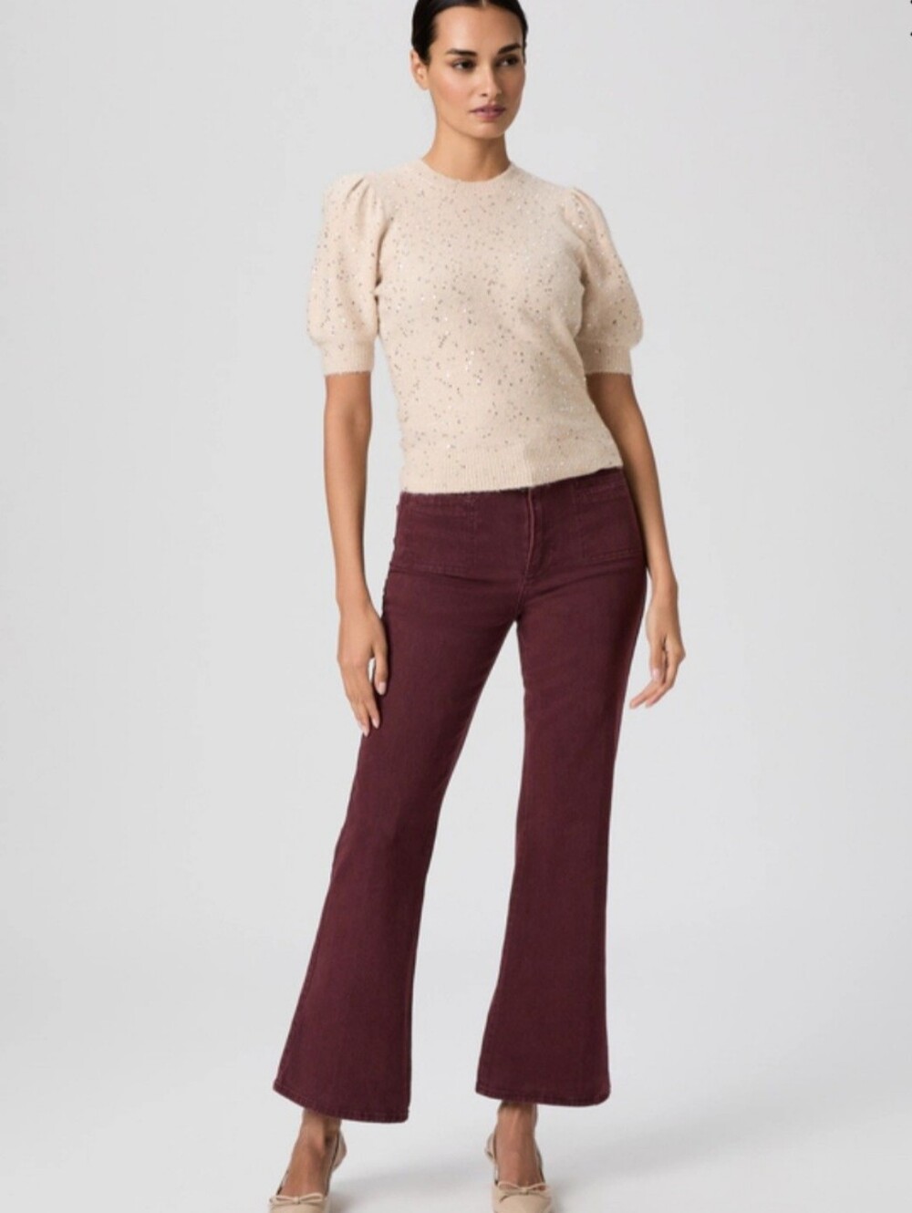 NWT PAIGE Marlow Skimmer High Rise Flare Jeans Burgundy Size 32